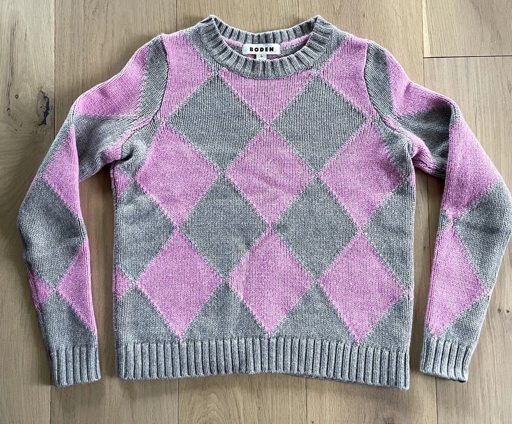 Boden Argyle Pink and Gray Crew Neck Sweater XS